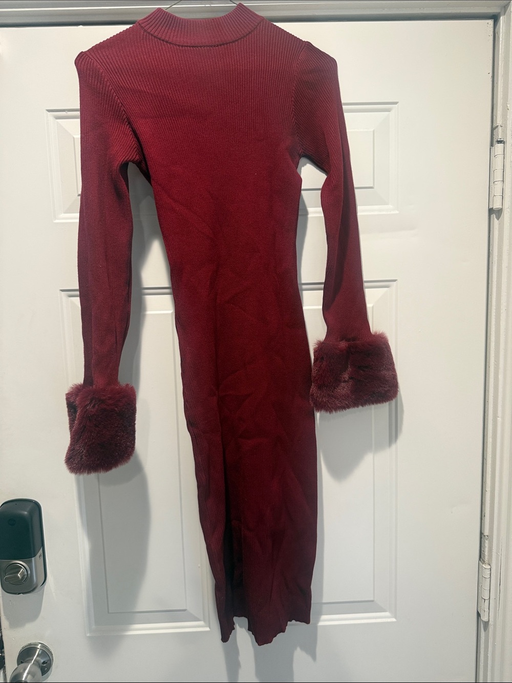 Women's Burgundy Long Sleeve Knit Dress with Faux Fur Cuffs- NWT